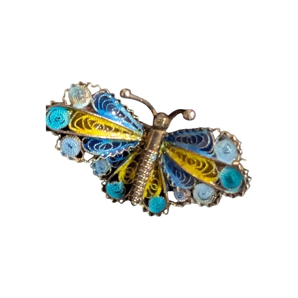 Vintage Enamel Filigree‎ Butterfly Brooch Pin Blue Yellow Silver Tone 1 Inch
